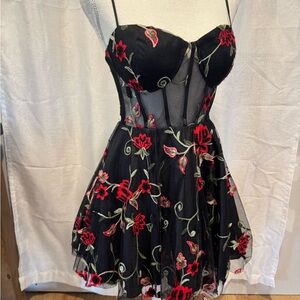 B Darlin Black Dress with Red Floral Accents
